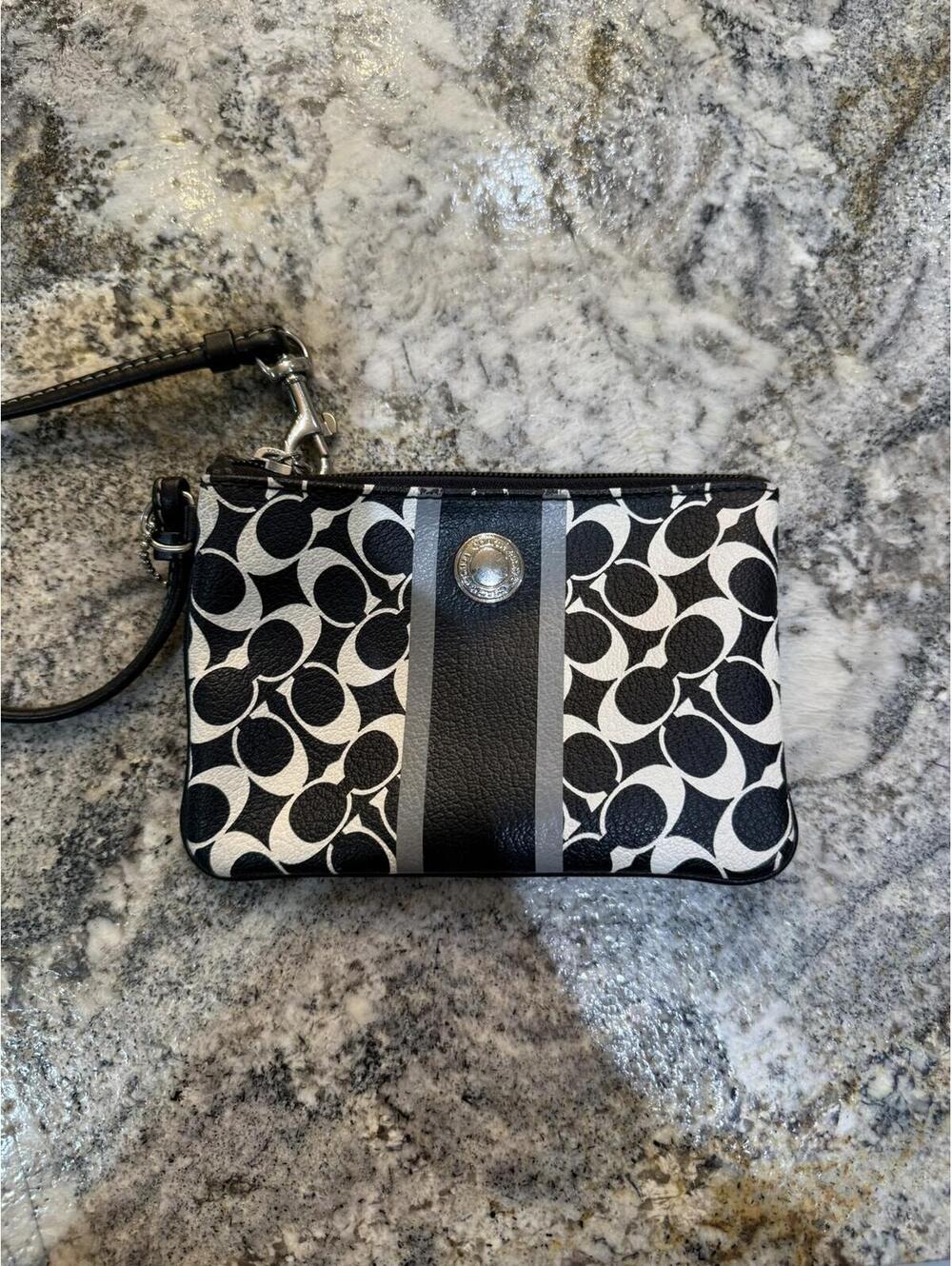 Coach Signature Stripe Coated Canvas Wristlet Pouch Black White